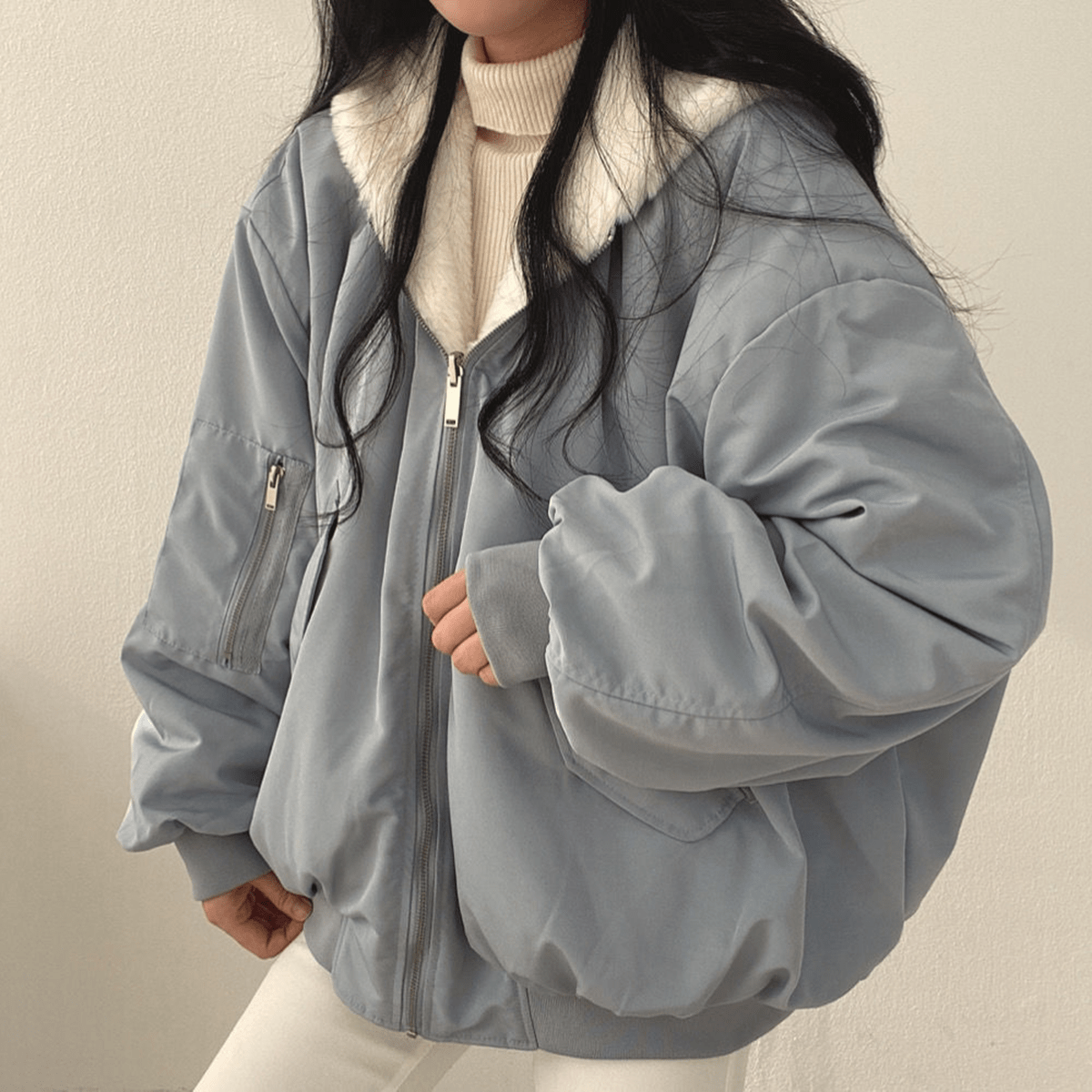 Women's Oversized Zip-Front Casual Jacket in Light Blue