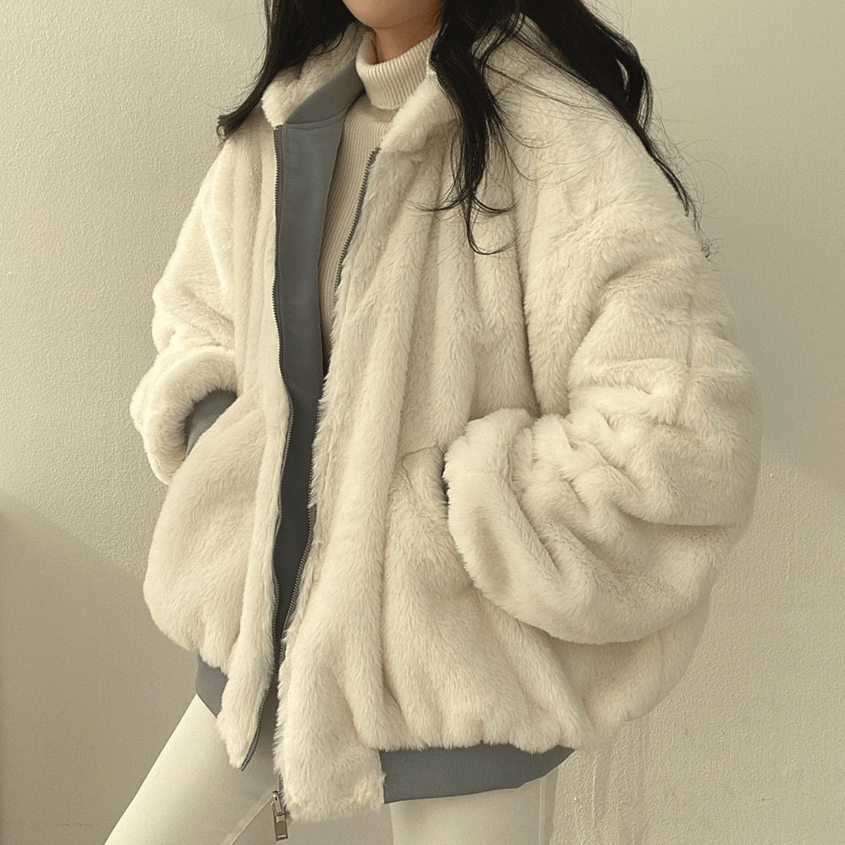 Women's Oversized Zip-Front Casual Jacket in Light Blue