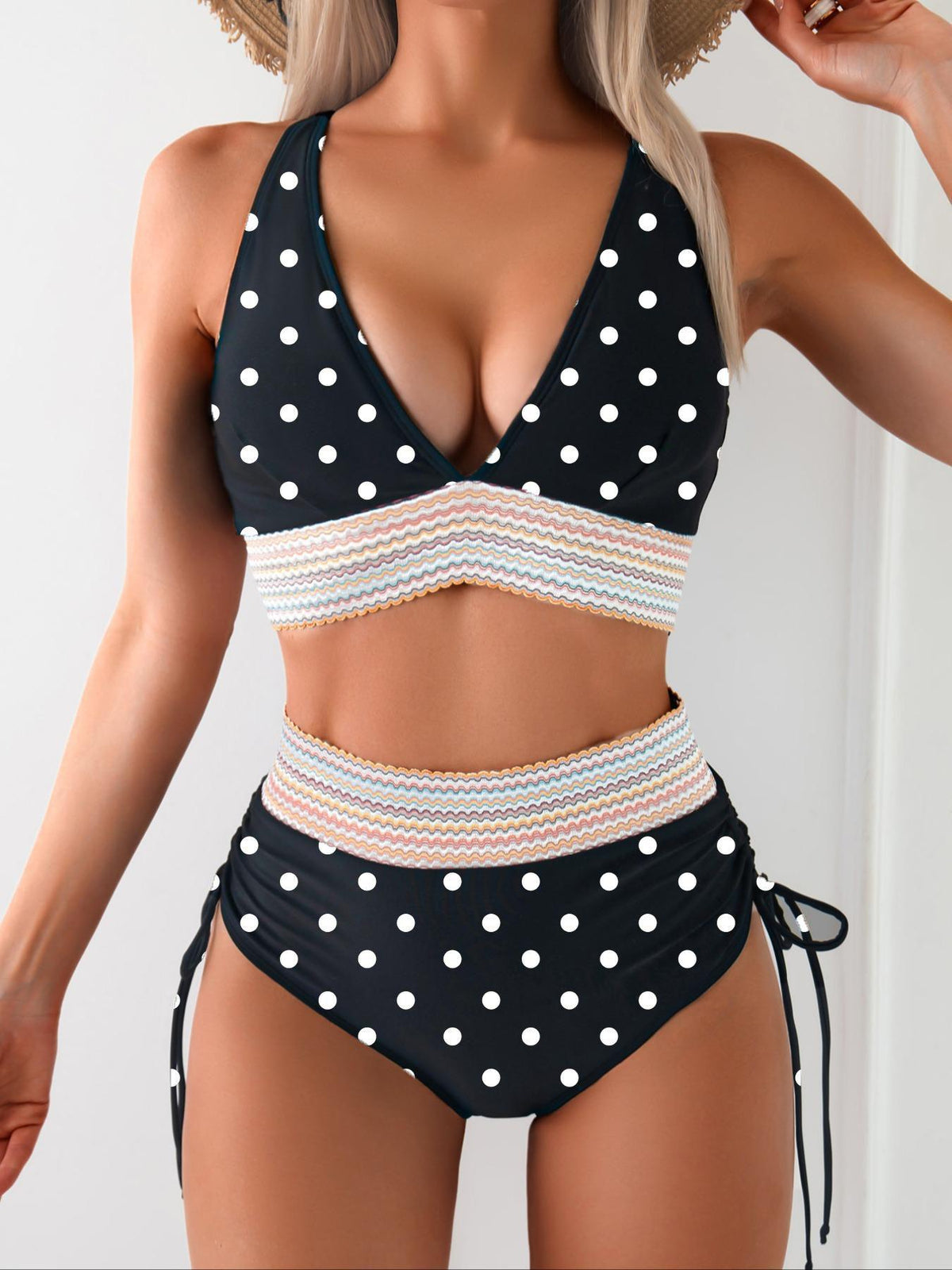 Plunge Halter Ruched Beach Bikini in Black (Polka Dot)