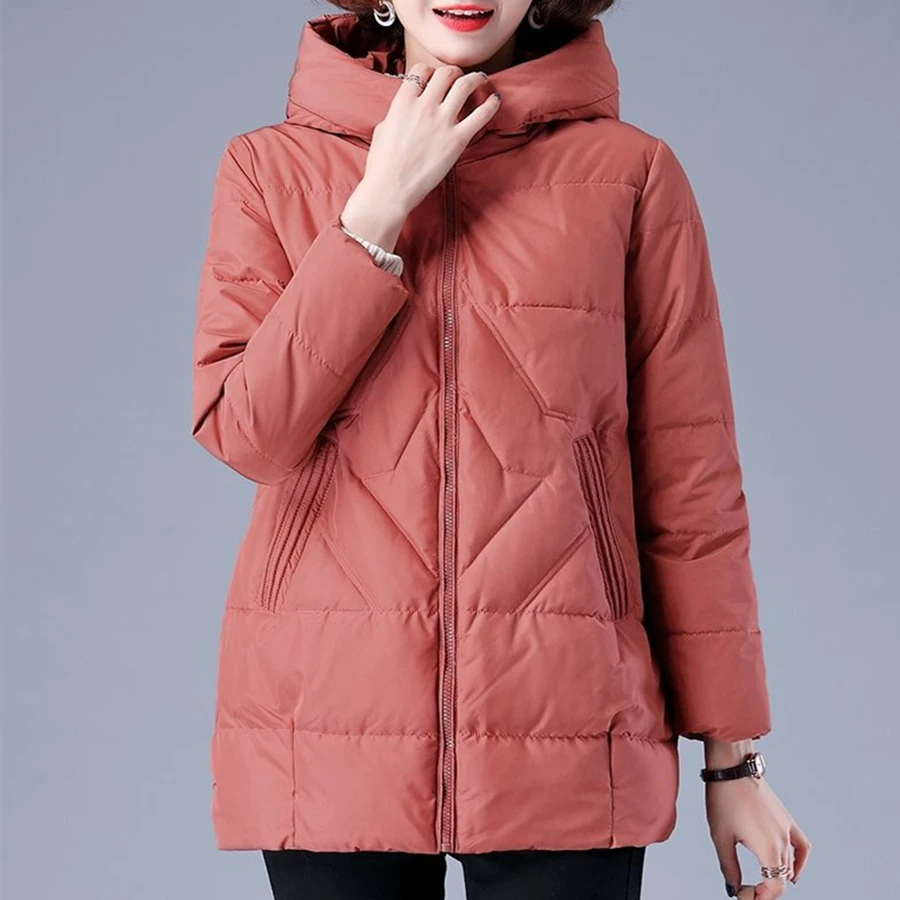 Women's Hooded Quilted Zip-Up Casual Coat in Brick Red