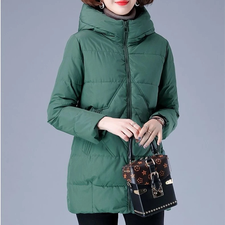 Women's Hooded Quilted Zip-Up Casual Coat in Dark Green