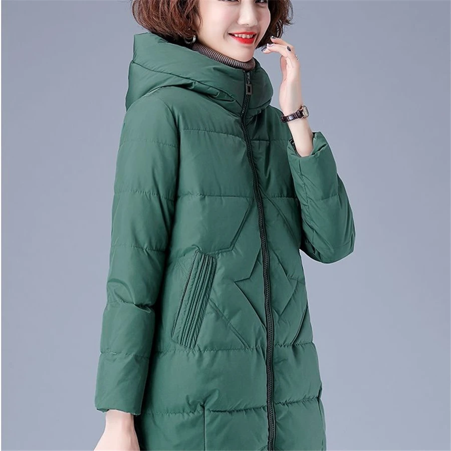 Women's Hooded Quilted Zip-Up Casual Coat in Dark Green