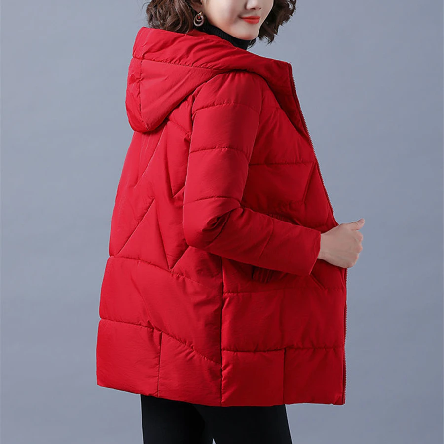 Women's Hooded Quilted Zip-Up Casual Coat in Red