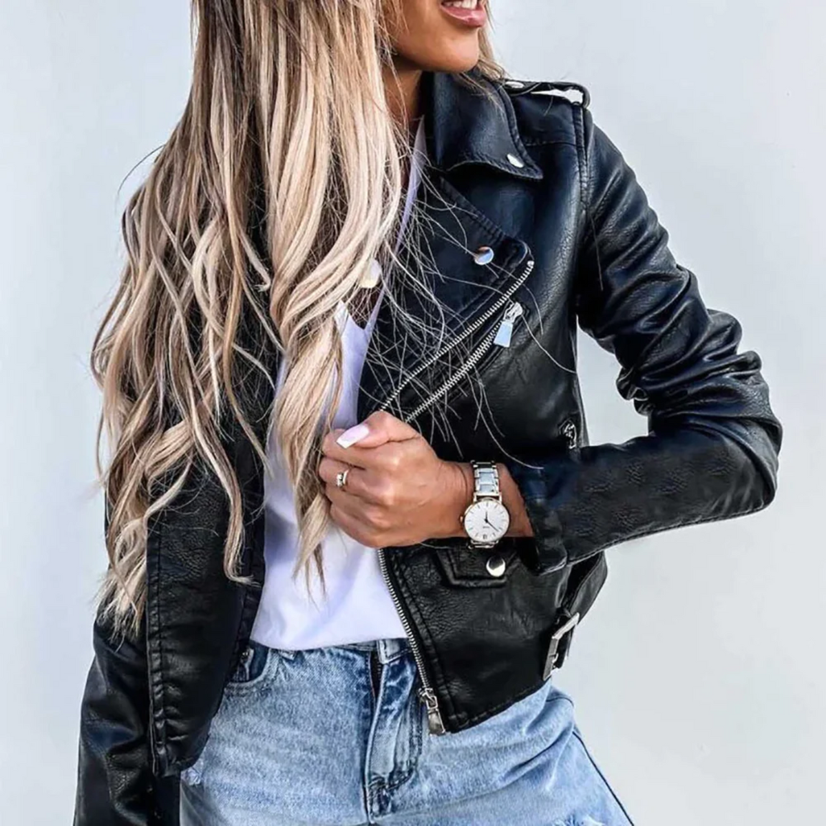 Women's Asymmetric Zip Biker Casual Jacket in Black