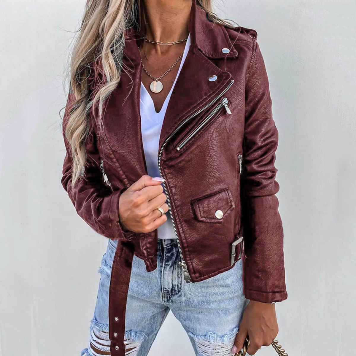 Women's Asymmetric Zip Biker Casual Jacket in Burgundy