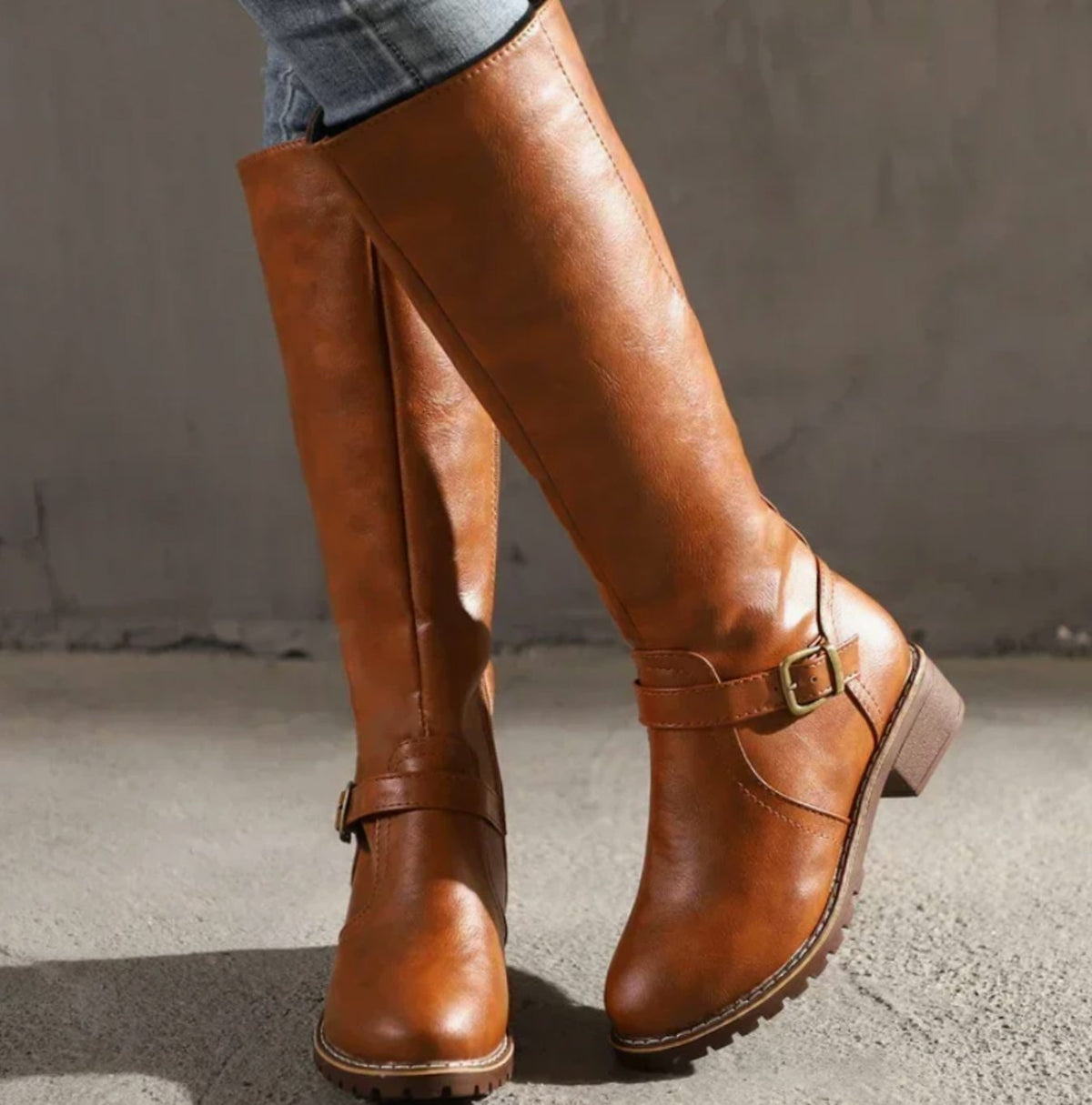 Women's Buckle Casual Knee High Boots in Light Brown