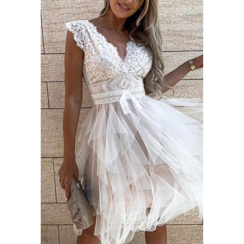 Lace Tiered Tulle Cocktail Mini Dress in Cream