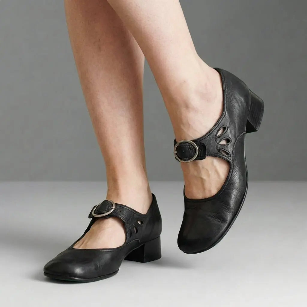 Mary Jane Buckle-Strap Casual Heels in Black