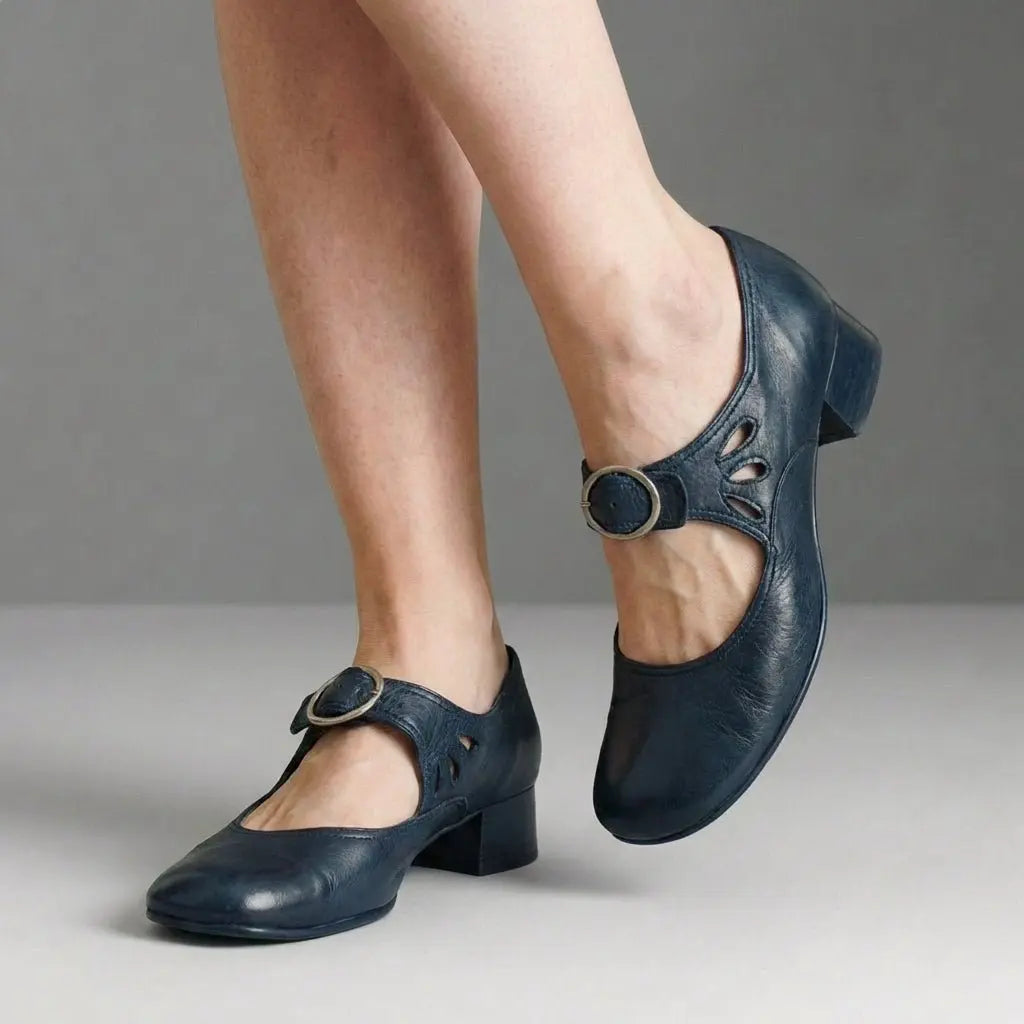 Mary Jane Buckle-Strap Casual Heels in Navy