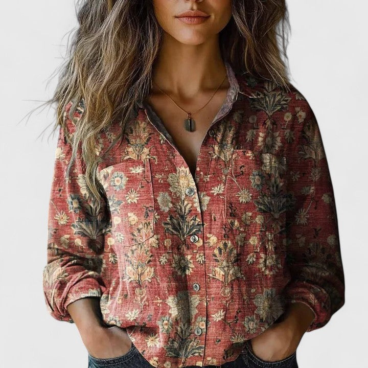 Women's Button-Front Casual Shirt in Brick Red