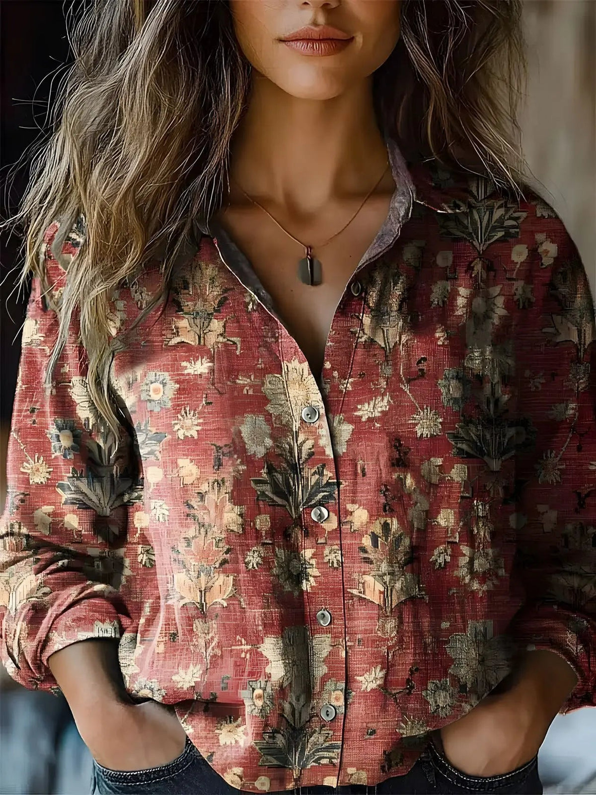 Women's Button-Front Casual Shirt in Brick Red