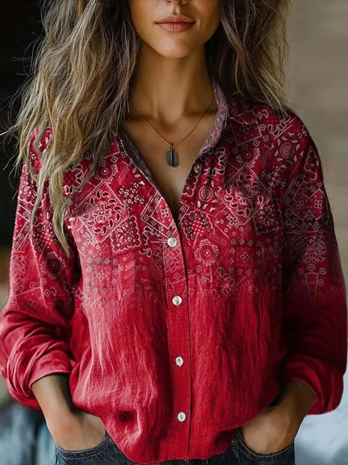 Women's Button-Front Casual Shirt in Red