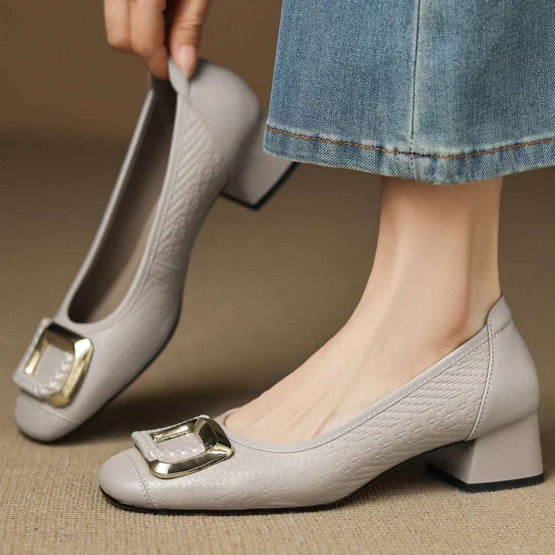 Buckle Square-Toe Workwear Heels in Beige