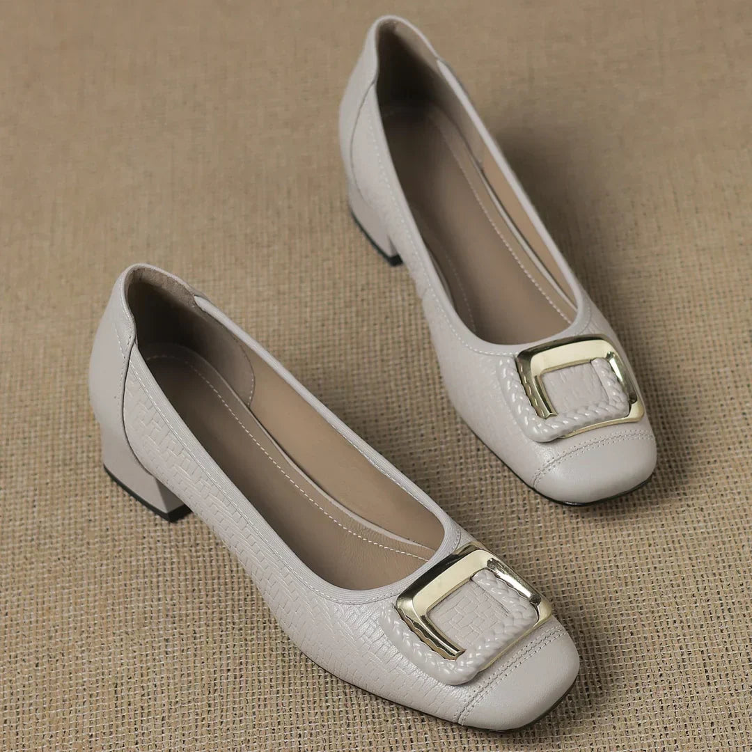 Buckle Square-Toe Workwear Heels in Beige