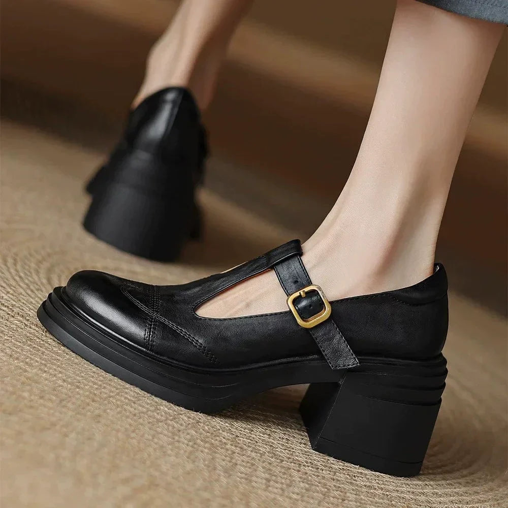 Buckle T-Strap Platform Workwear Heels in Black