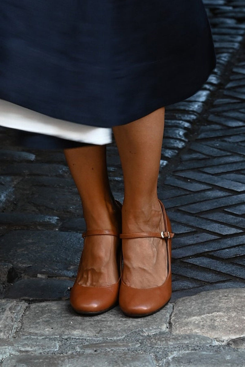 Mary Jane Buckle Strap Workwear Heels in Camel
