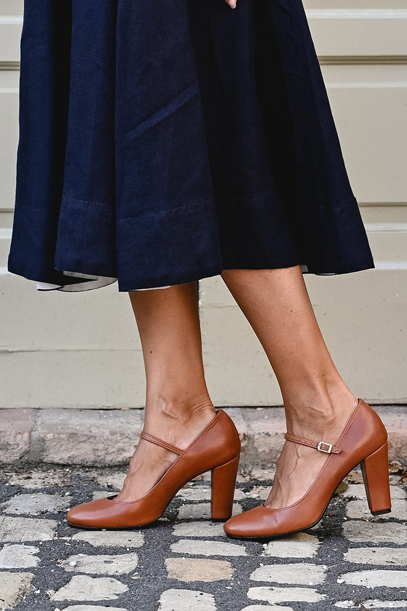 Mary Jane Buckle Strap Workwear Heels in Camel
