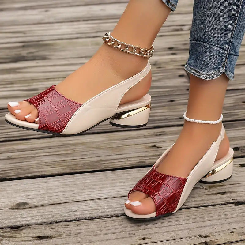 Open-Toe Slingback Casual Heels in Dark Red