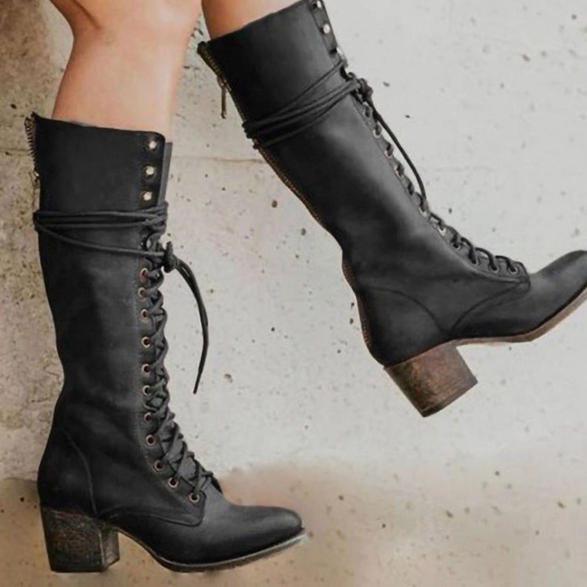 Women's Lace-Up Casual Knee High Boots in Black