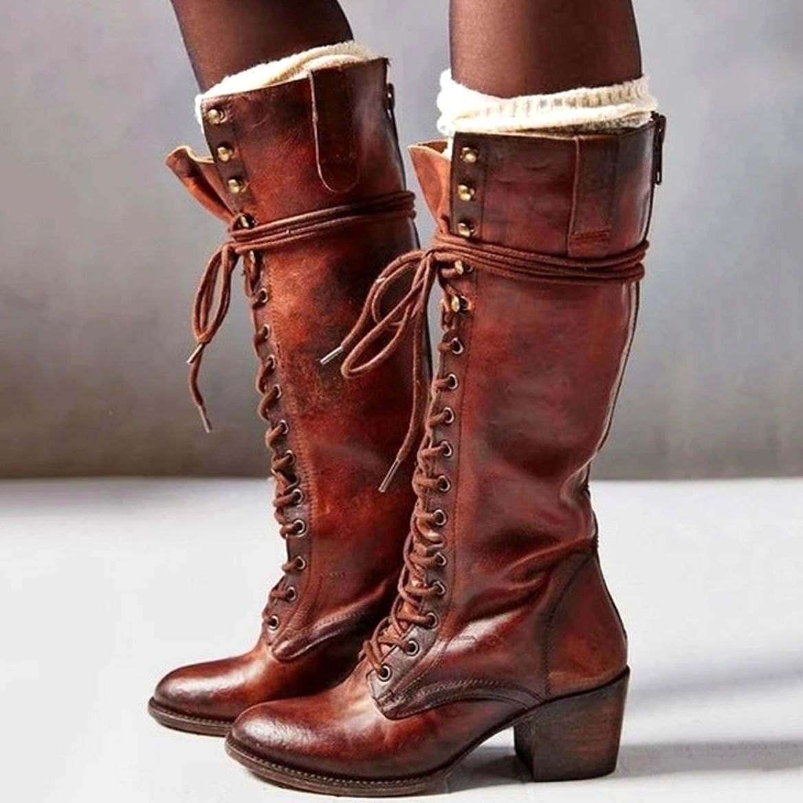 Women's Lace-Up Casual Knee High Boots in Rust