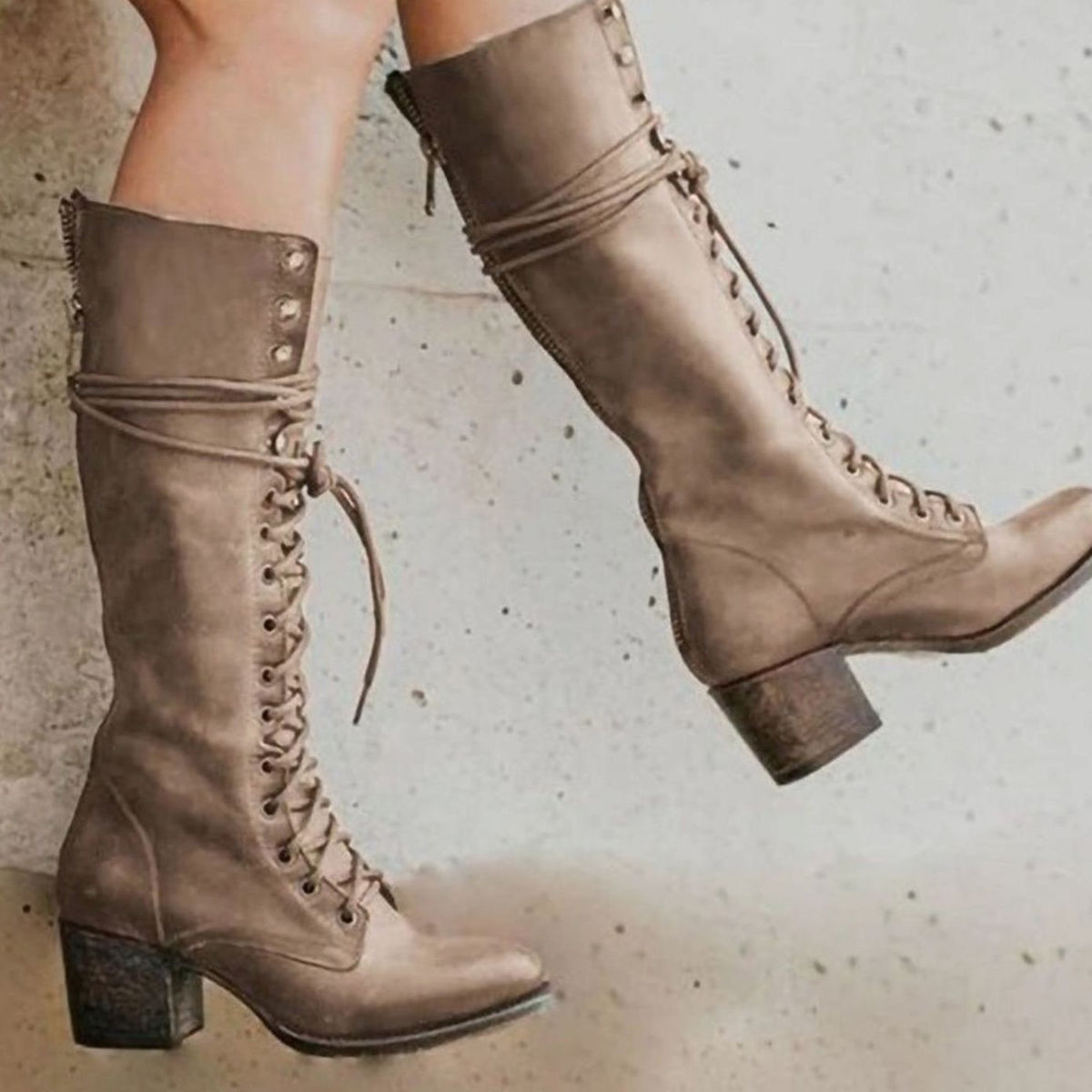 Women's Lace-Up Casual Knee High Boots in Taupe