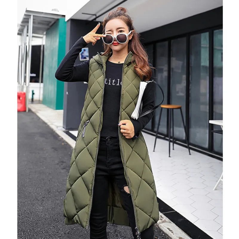 Women's Quilted Hooded Long Casual Gilet in Olive