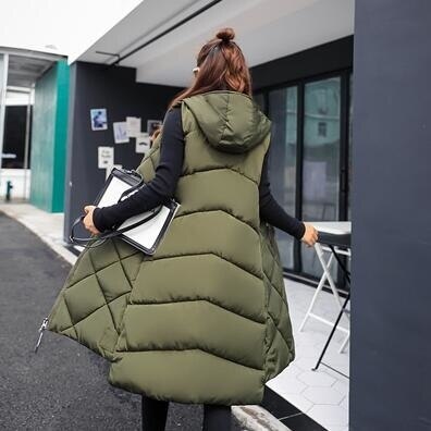 Women's Quilted Hooded Long Casual Gilet in Olive
