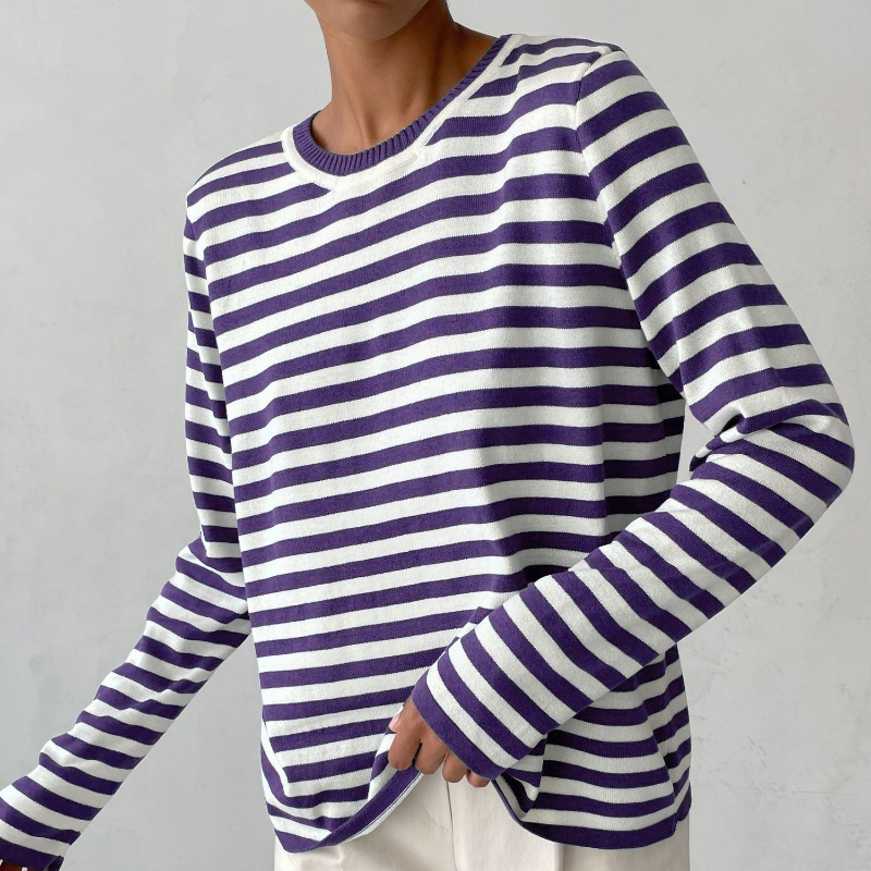 Women's Striped Crew-Neck Casual Jumper in Purple