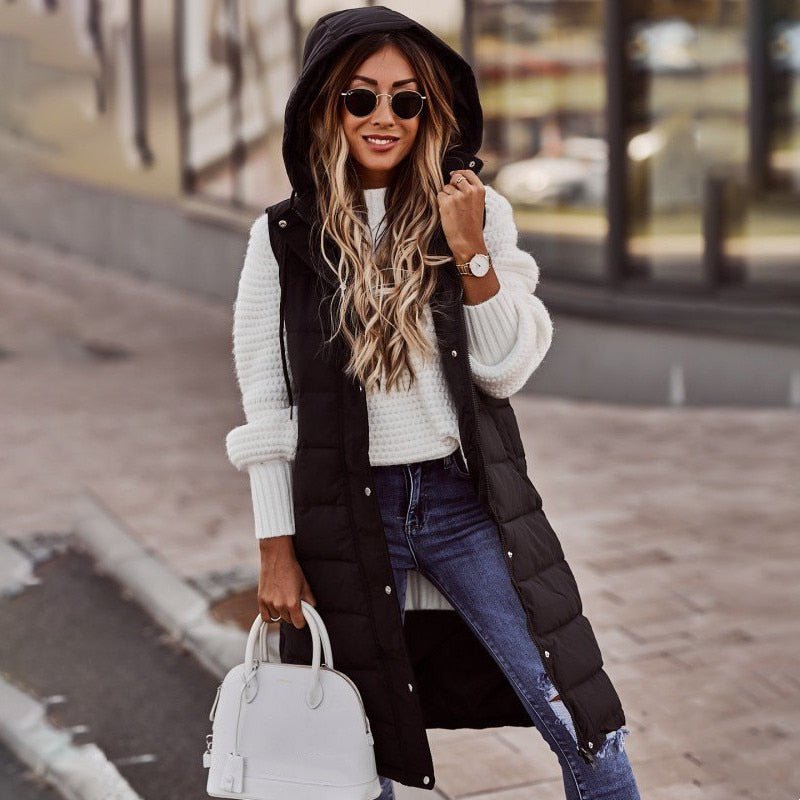 Women's Hooded Quilted Longline Casual Gilet in Black