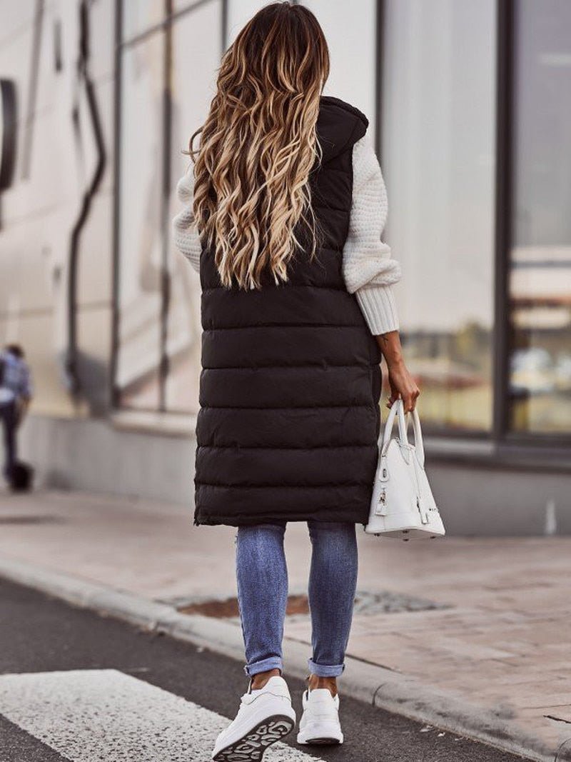 Women's Hooded Quilted Longline Casual Gilet in Black