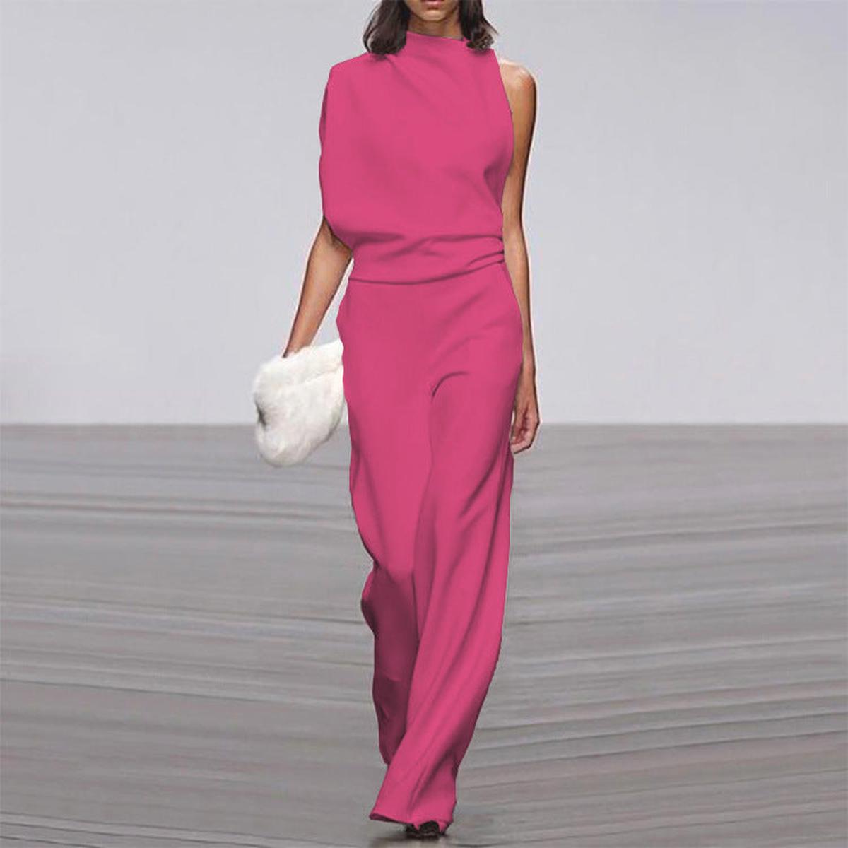 High-Neck One-Shoulder Evening Jumpsuit in Fuchsia