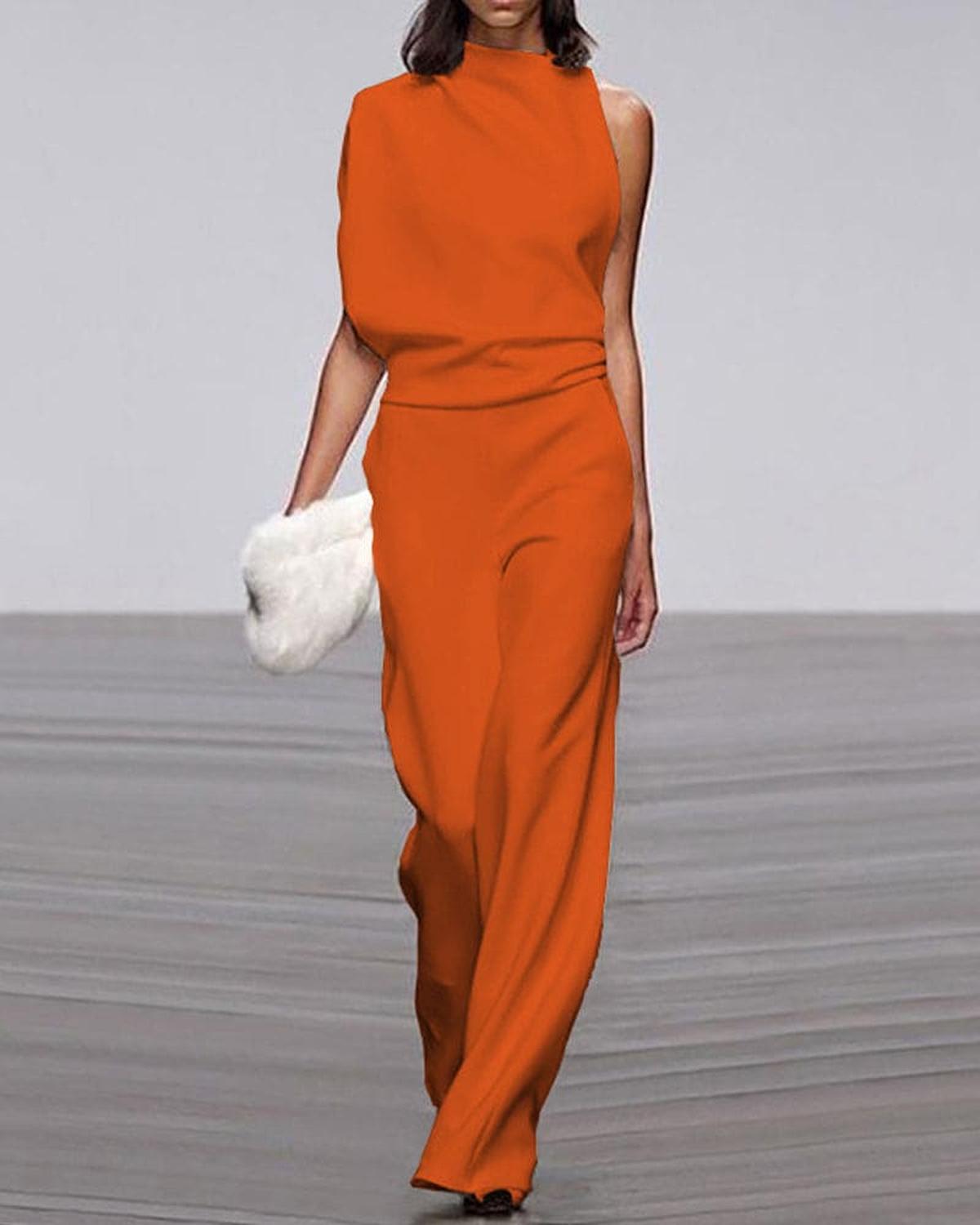 High-Neck One-Shoulder Evening Jumpsuit in Orange