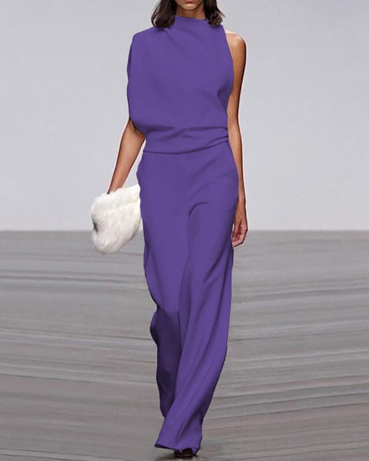 High-Neck One-Shoulder Evening Jumpsuit in Purple