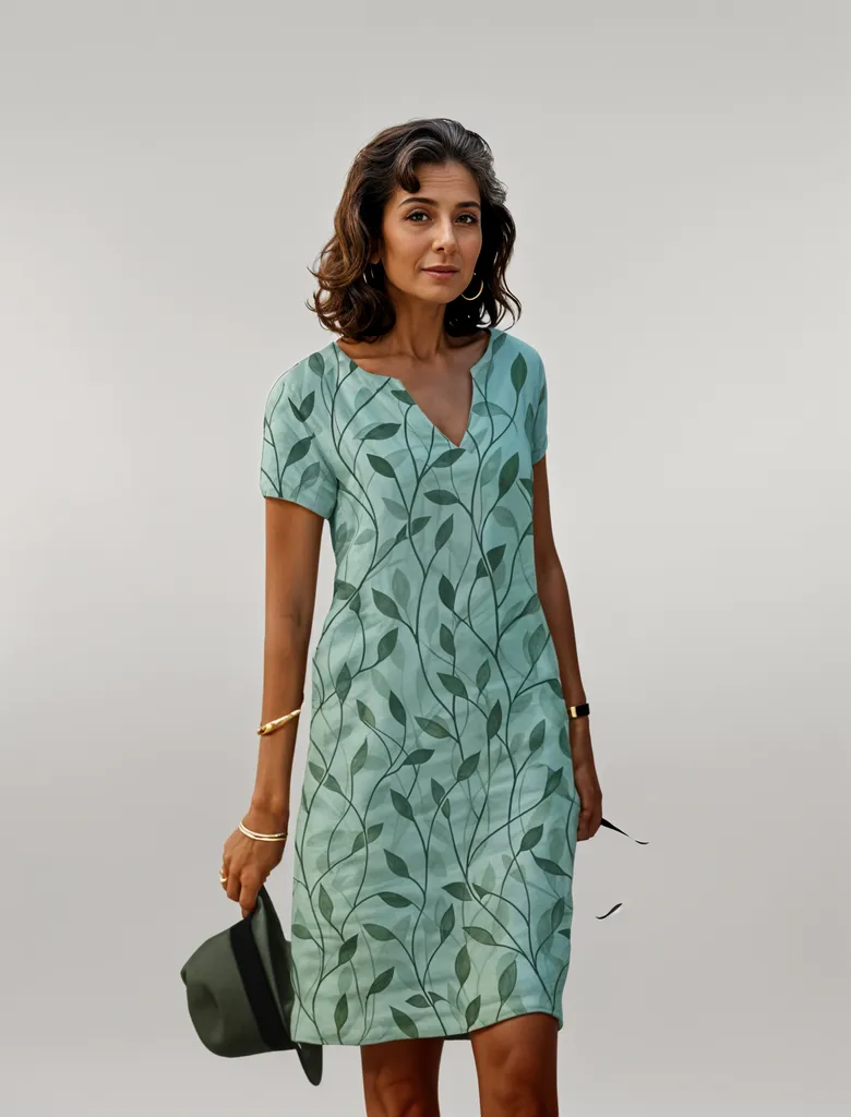 Short-Sleeve Notch-Neck Casual Mini Dress in Mint