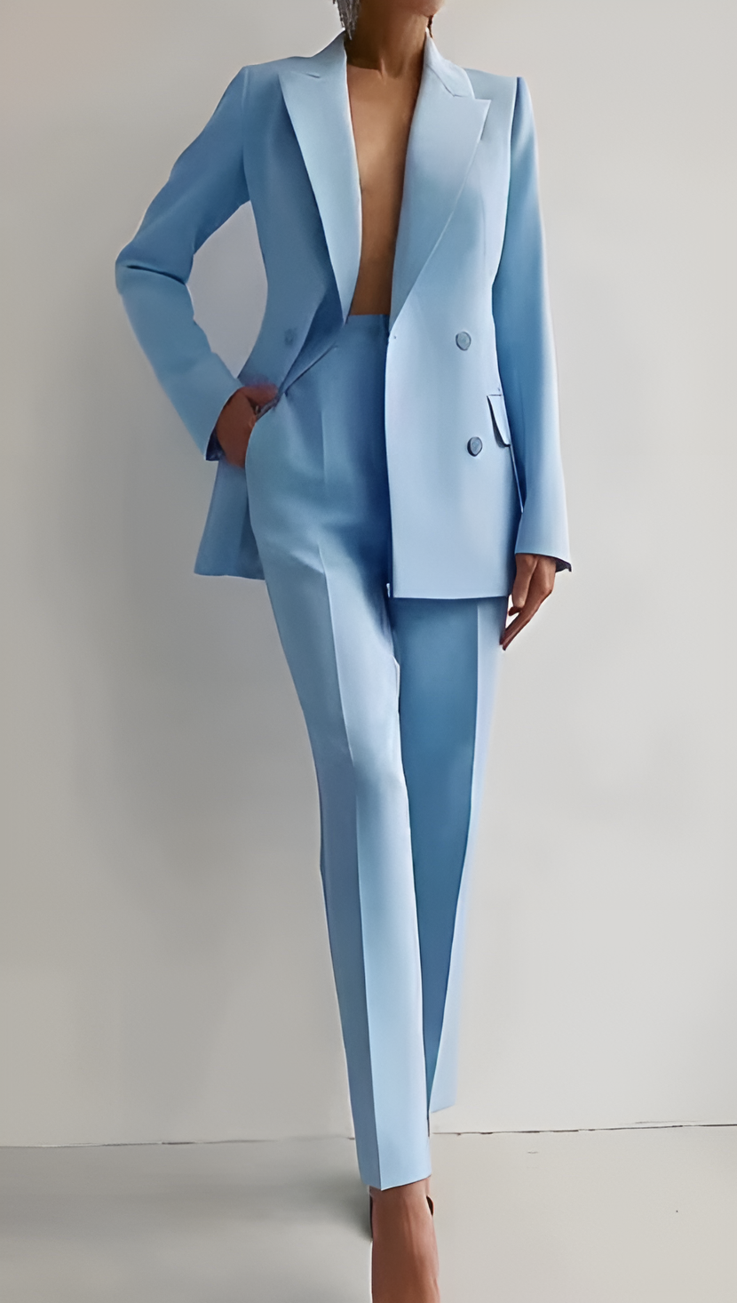 Women's Double-Breasted Workwear Trouser Suit in Light Blue