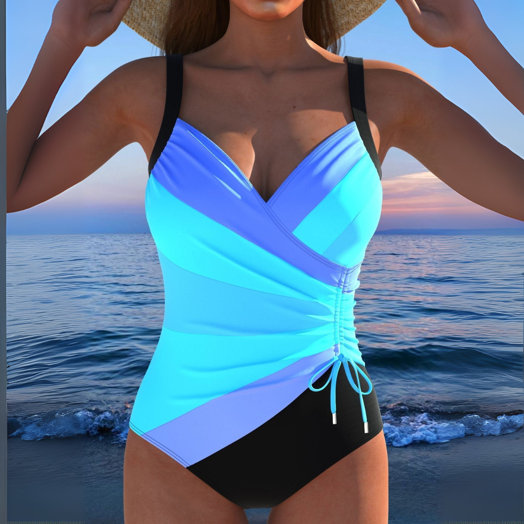 Ruched Wrap-Front Beach Swimsuit in Light Blue