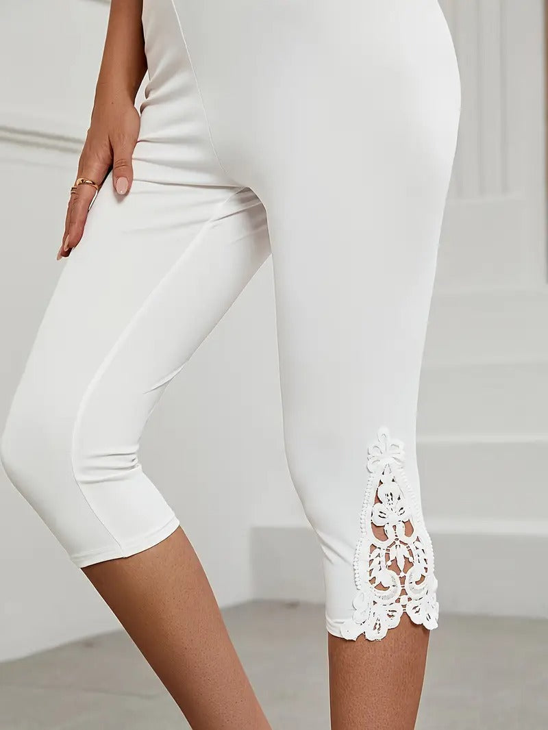Lace-Trim Cropped Casual Leggings in White