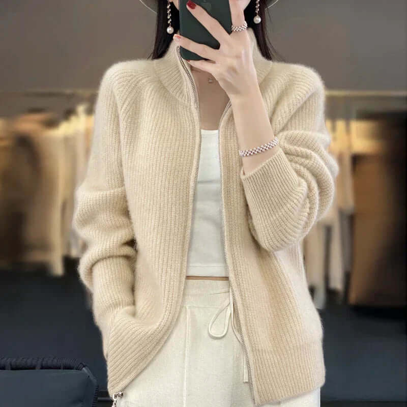 Women's Zip-Front Casual Cardigan in Beige