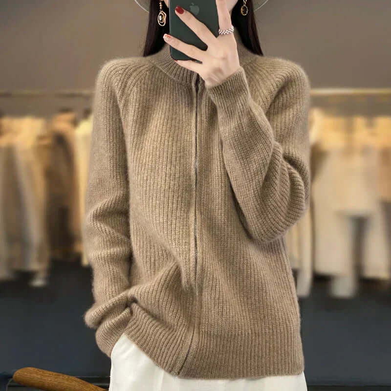 Women's Zip-Front Casual Cardigan in Camel