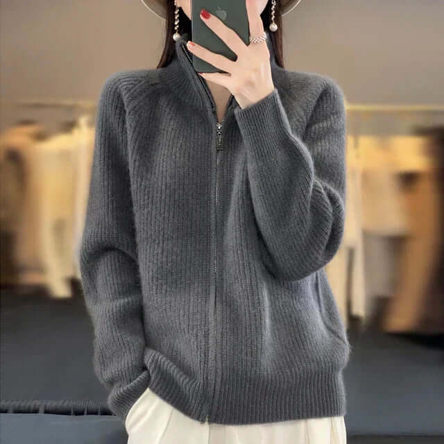Women's Zip-Front Casual Cardigan in Dark Grey