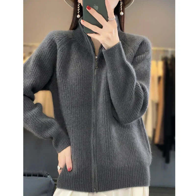 Women's Zip-Front Casual Cardigan in Dark Grey