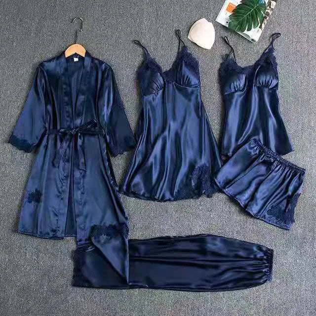 Women's Lace-Trim Casual Pyjamas in Dark Blue