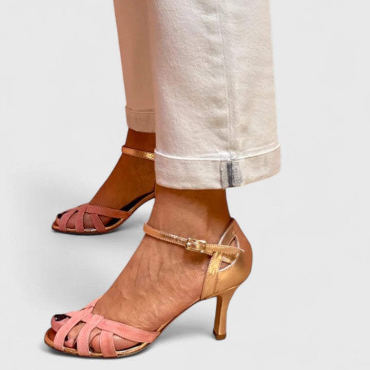 Woven Ankle-Strap Cocktail Heels in Dusty Rose