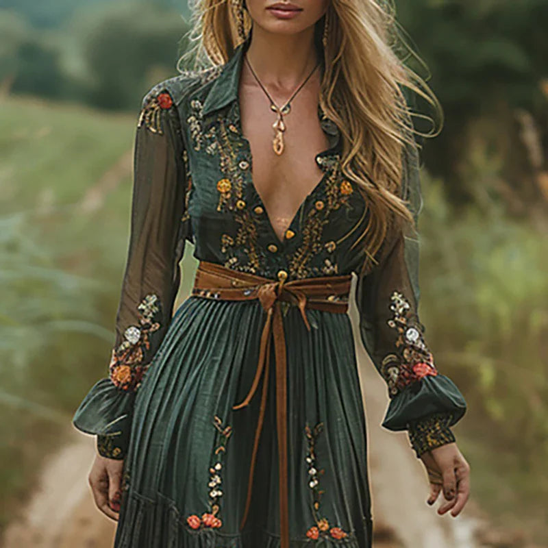 Embroidered Button-Front Casual Maxi Dress in Dark Green