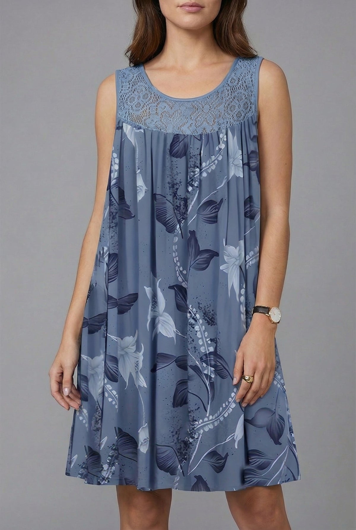 Floral Lace-Yoke Holiday Mini Dress in Blue