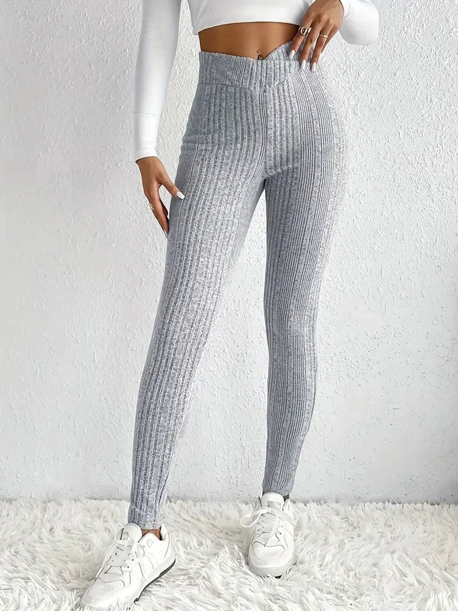 Crossover High-Waist Ribbed Casual Leggings in Light Grey