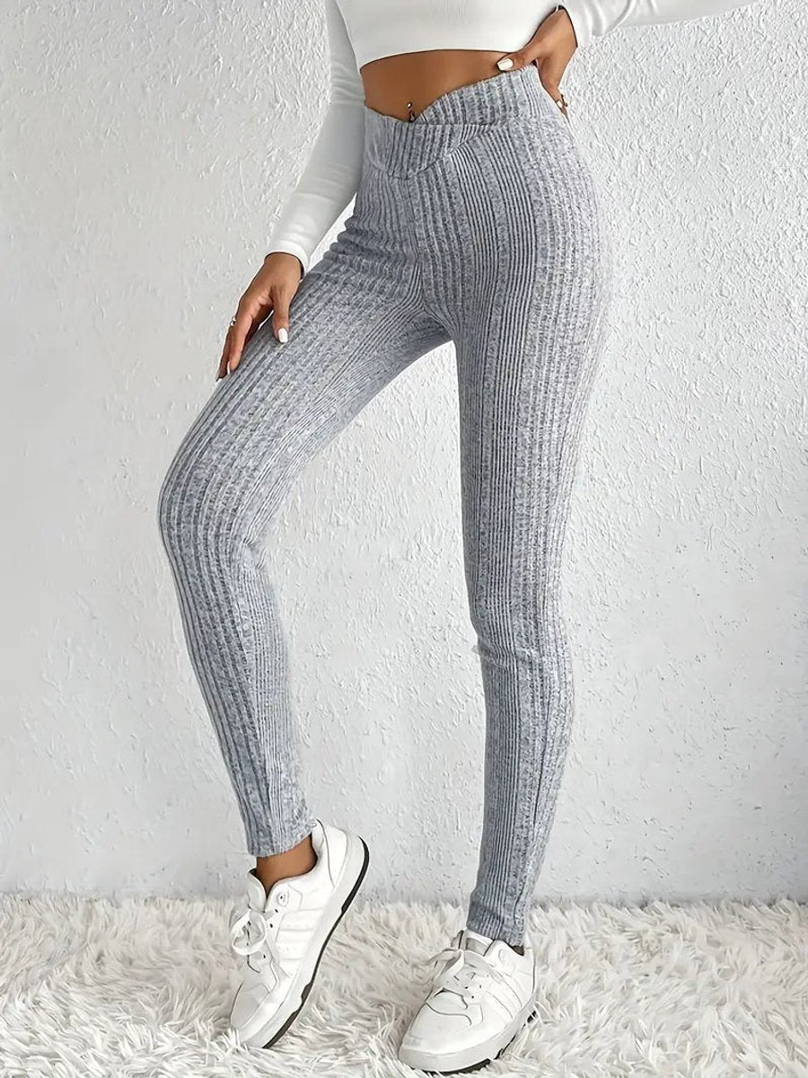 Crossover High-Waist Ribbed Casual Leggings in Light Grey