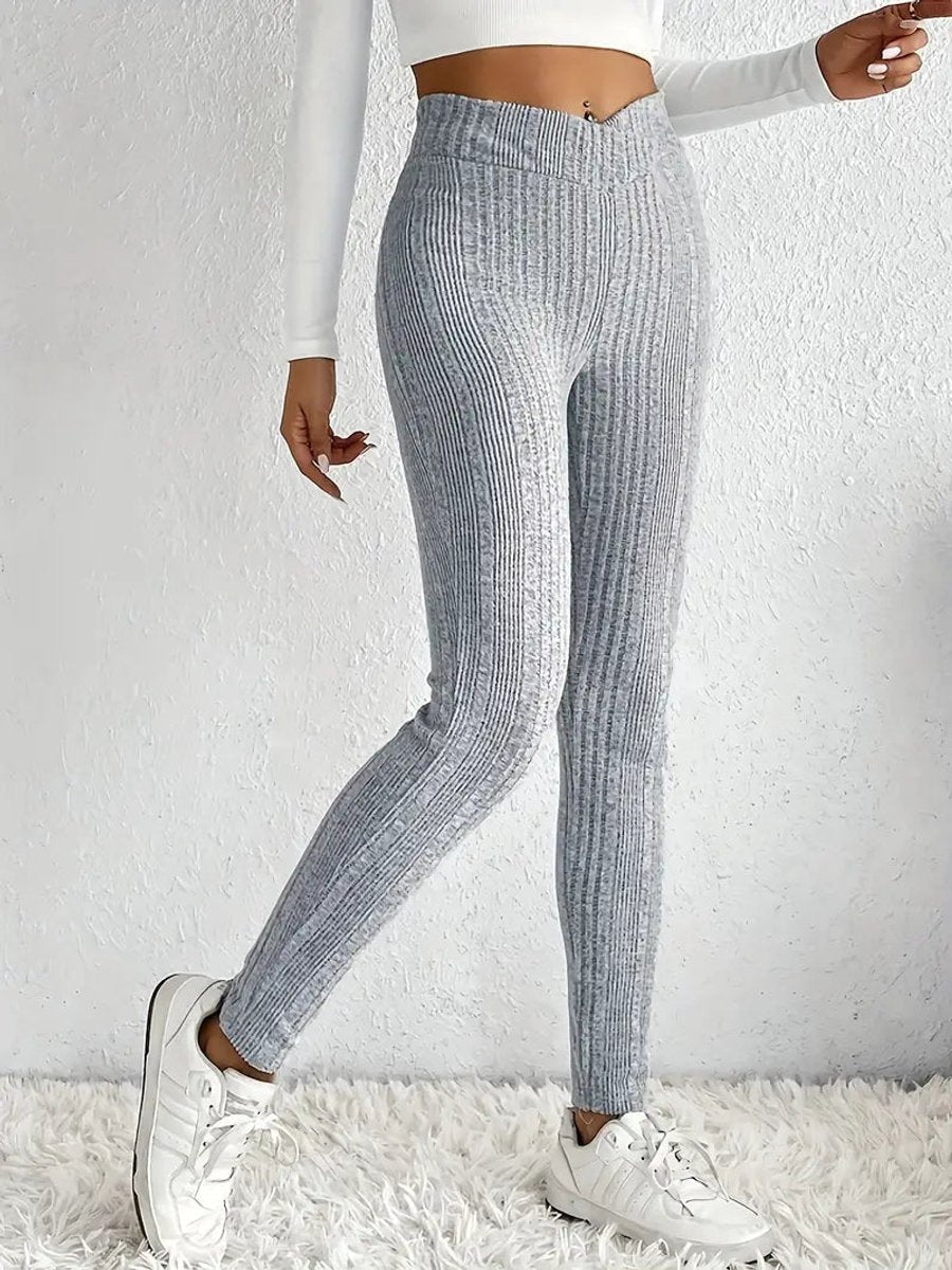 Crossover High-Waist Ribbed Casual Leggings in Light Grey