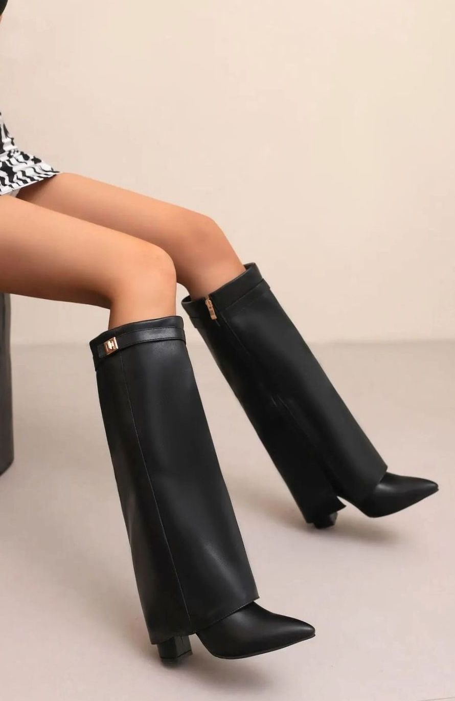 Women's Orthopaedic Fold-Over Casual Knee High Boots in Black