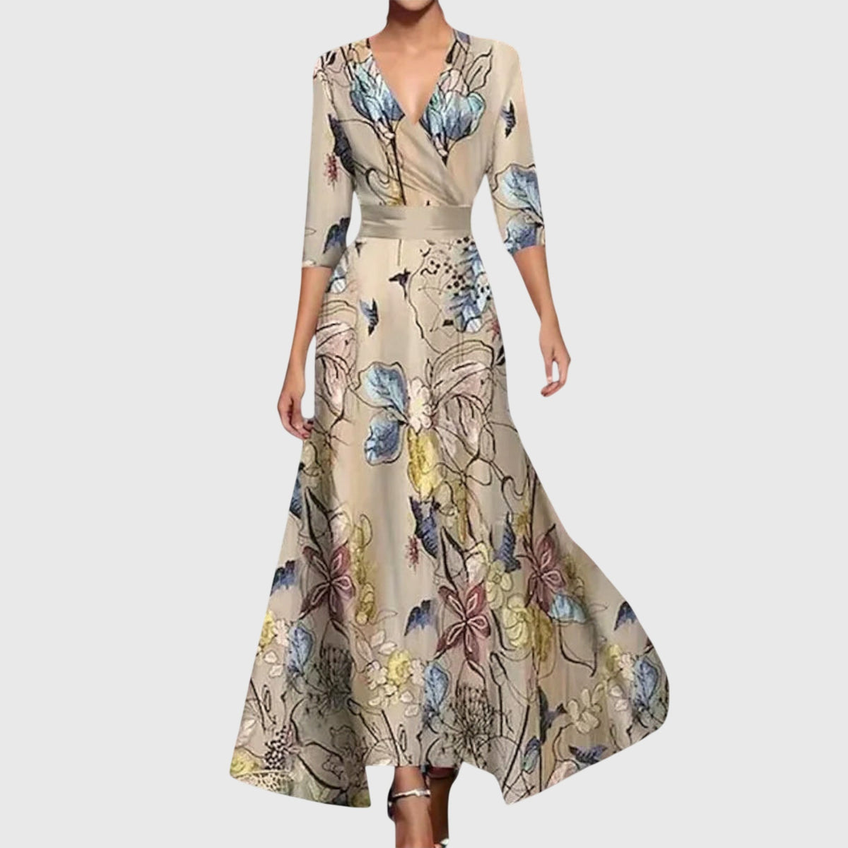 Wrap V-Neck Wedding Guest Maxi Dress in Beige